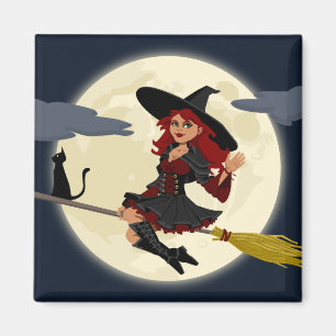 Freundliche Halloween Hexe auf Besen und schwarzer Magnet