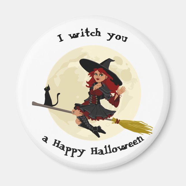 Freundliche Halloween Hexe auf Besen und schwarzer Magnet (Vorne)