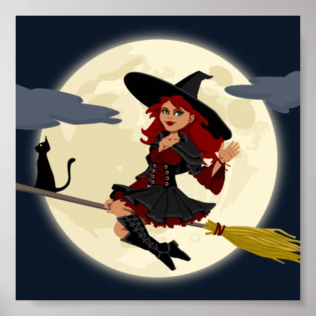 Freundliche Halloween Hexe auf Besen und schwarzer Poster (Vorne)