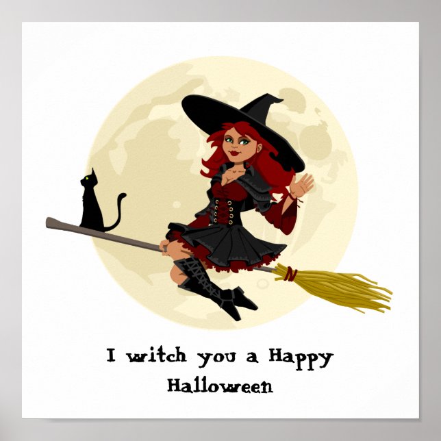 Freundliche Halloween Hexe auf Besen und schwarzer Poster (Vorne)