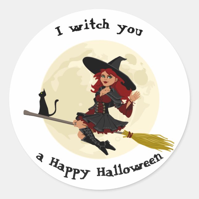 Freundliche Halloween Hexe auf Besen und schwarzer Runder Aufkleber (Vorderseite)
