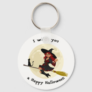 Freundliche Halloween Hexe auf Besen und schwarzer Schlüsselanhänger