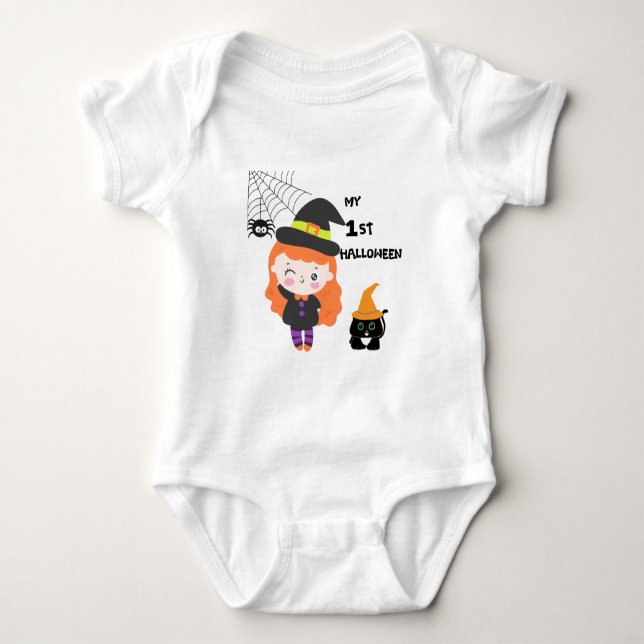 Freundliche Hexe und ihre Niedliche Schwarze Katze Baby Strampler (Vorderseite)