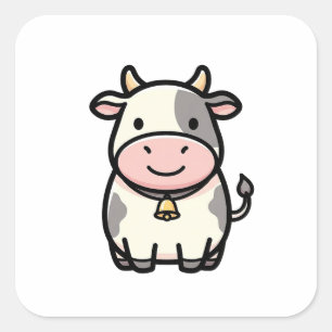 Freundliche Kuh – Süße Kawaii-Tierillustration Quadratischer Aufkleber