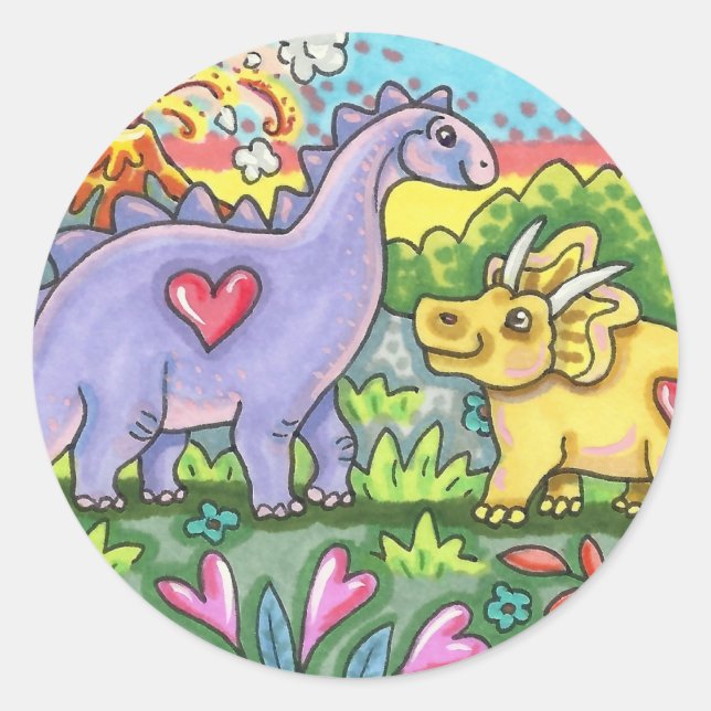 FREUNDLICHE, PRÄHISTORISCHE DINOSAUREN, NIEDLICHE  RUNDER AUFKLEBER (Vorderseite)