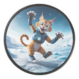 Freundliche Roboterkatze auf einem anderen eisigen Eishockey Puck