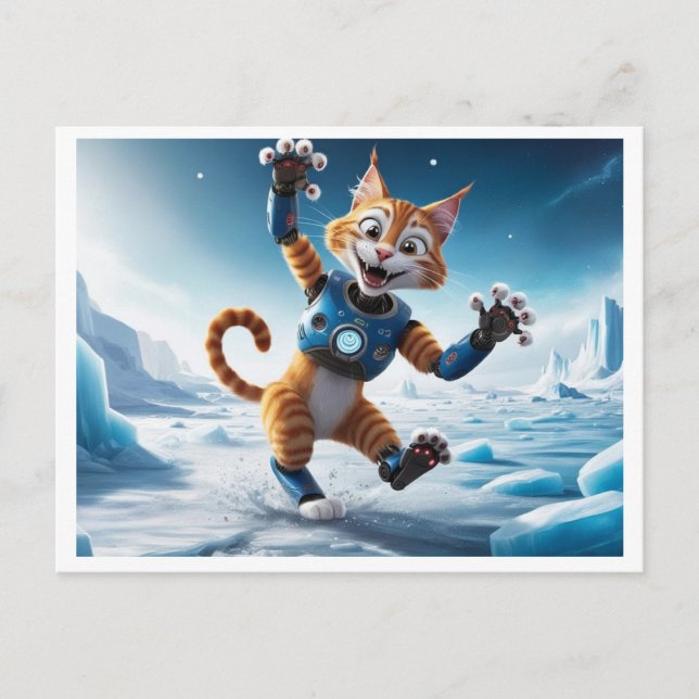 Freundliche Roboterkatze auf einem anderen eisigen Postkarte (Vorderseite)