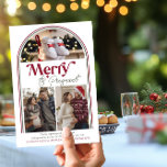 Freundliche und schwangere Arch Foto Collage Schwa Feiertagskarte<br><div class="desc">Retro Moderne Merry and Pregnant, Weihnachtsfotokarte mit bogenförmiger Foto-Collage, die 3 Ihrer Schwangerschaftsfotos, Bump Foto oder Baby Accessoires enthält. Dunkelrote und grüne neutrale Farbpalette - die Sie an Ihre Farbwahl anpassen können. Geschrieben mit Merry & Pregnant in nostalgischem Vintagen Text und handgeschriebener Schrift Typografie. Einfach mit Ihren Namen und der...</div>