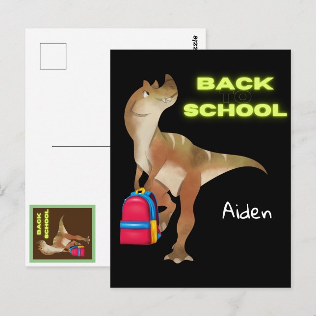 Freundlicher Dinosaurier mit Rucksack "Back to Sch Postkarte (Vorne/Hinten)