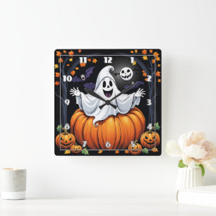 Freundlicher Geist feiert Halloween in einem Kürbi Quadratische Wanduhr
