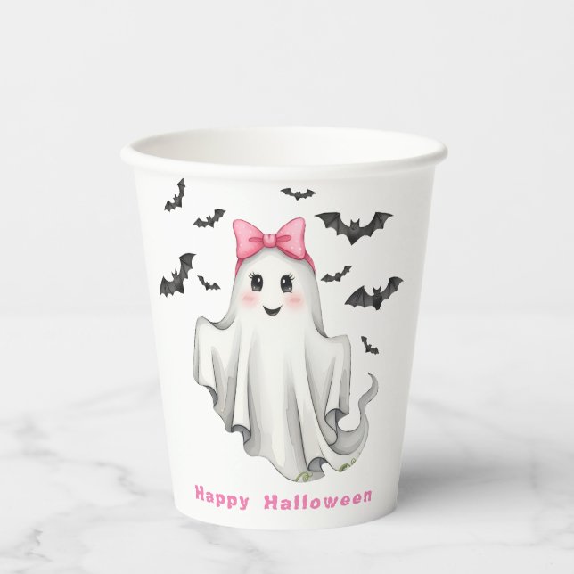Freundlicher Girl Ghost mit Fledermäusen Pappbecher (Vorderseite)
