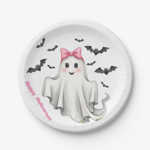 Freundlicher Girl Ghost mit Fledermäusen Pappteller