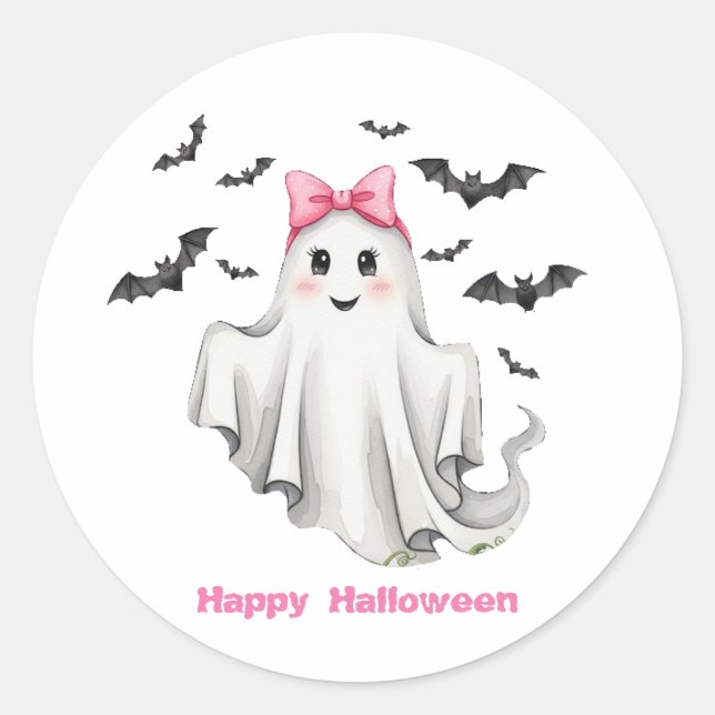 Freundlicher Girl Ghost mit Fledermäusen Runder Aufkleber (Vorderseite)
