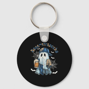 Freundlicher Halloween-Geisterbär und blauer Denim Schlüsselanhänger
