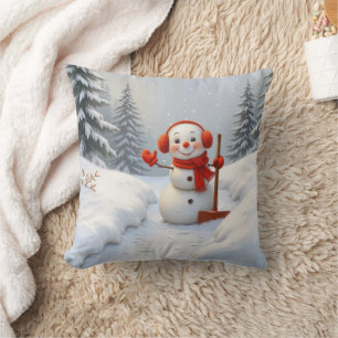 Freundlicher Schneemann mit einer roten Schaufel Kissen