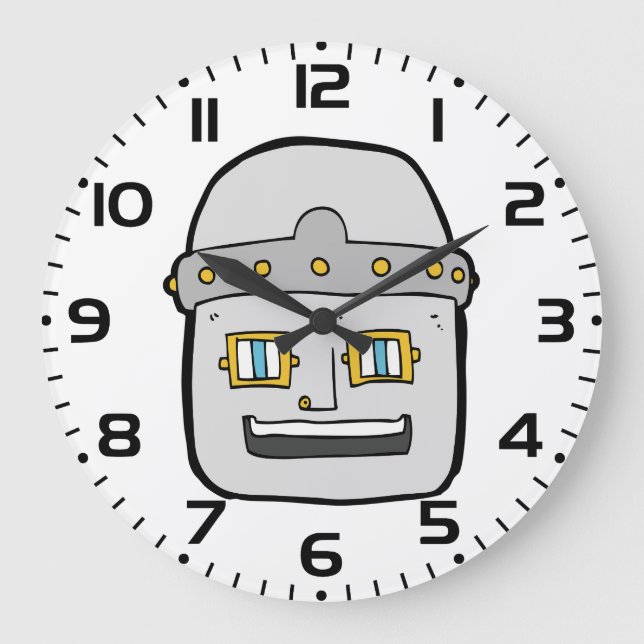 Freundlicher silberner Roboter-Kopf Große Wanduhr (Vorderseite)