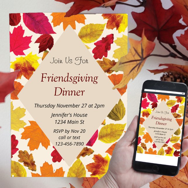 Freundliches Dinner Party Herbstfarben Blätter Einladung (Von Creator hochgeladen)