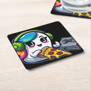 Freundliches Ghost Gaming: Pizza, Kopfhörer und al Rechteckiger Pappuntersetzer