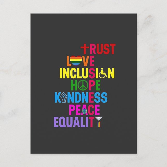Freundlichkeit Frieden Gleichstellung Liebe Inklus Ankündigungspostkarte (Vorderseite)