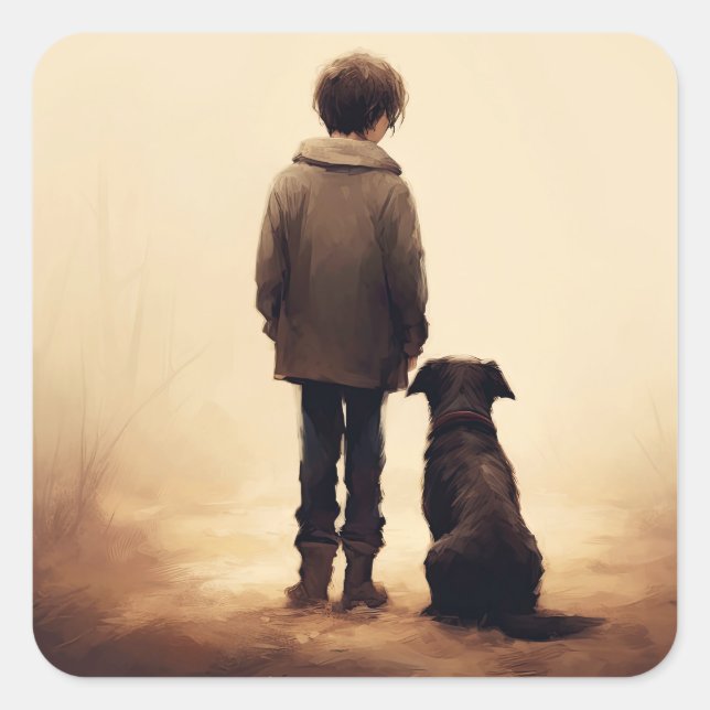 Freundschaft, Boy und sein Hund Quadratischer Aufkleber (Vorderseite)