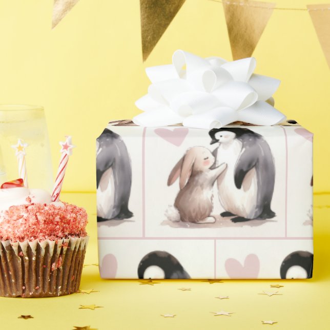 Freundschaft zwischen Bunny und Penguin Geschenkpapier (Geburtstagsparty)