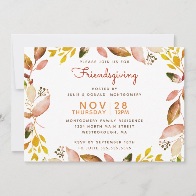Freundschaftliche Gold Kupfer Autumn Watercolor Bl Einladung (Vorderseite)