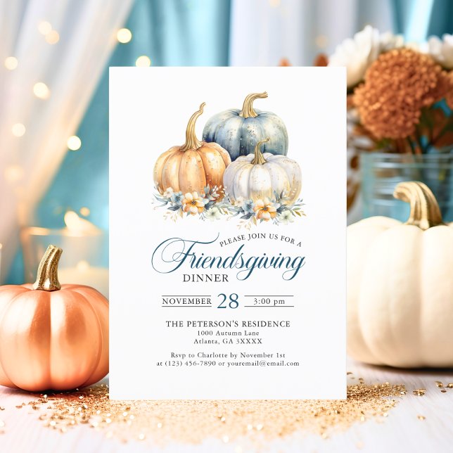 Freundschaftliches Dinner Blue Orange Gold Pumpkin Einladung (Friendsgiving Dinner Blue Orange Gold Pumpkins Invitation)