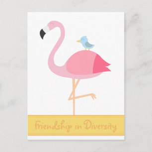 Freundschafts-Cartoon: Rosa Flamingo mit Blauem Vo Postkarte