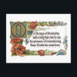 Freundschaftsfreude Postkarte<br><div class="desc">Reproduktion der Vintagen Postkarte. Perfekt für Weihnachten, Geburtstag, denken Sie an Sie, jeden Anlass. Text lautet: "Eine der Freundschaftsfreuden, und eine sehr wahre für mich, ist das Vergnügen, sich an die Freunde zu erinnern, die wir nicht sehen können."</div>