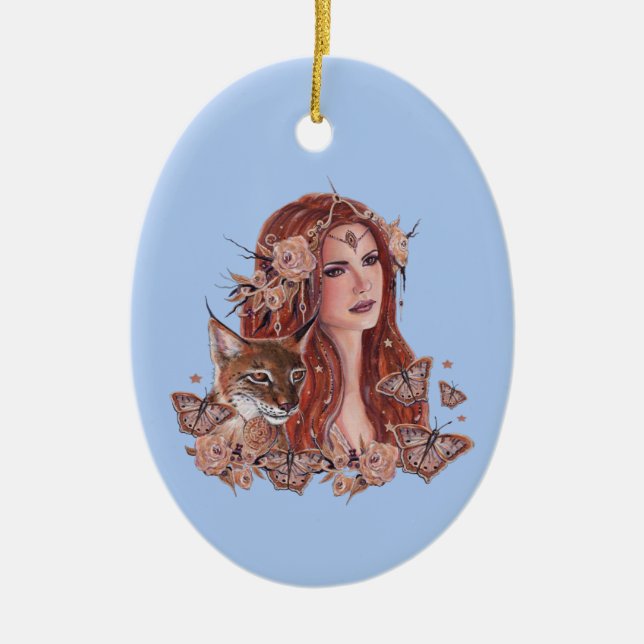 Freya-Göttin mit Luchs von Renee Lavoie Keramik Ornament (Vorne)