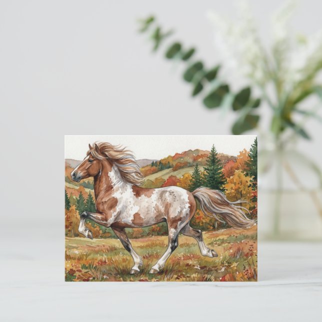 Freya Isländerpferd im Herbstwald Postkarte (Stehend Vorderseite)
