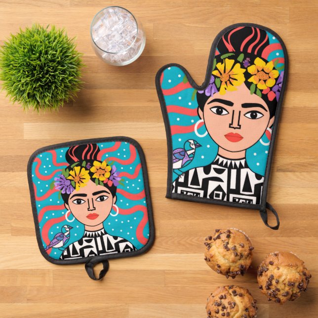Frida Inspired Oven Mitt & Pot Holder Set (Oben Unten)