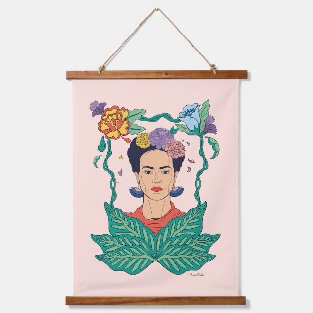 Frida Kahlo Floral Frame Graphic Wandteppich Mit Holzrahmen (Vorderseite)