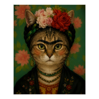 Frida Kahlo Katzenporträt Florale Kunst Druck 