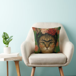 Frida Kahlo Katzenporträt Florale Kunst Druck  Kissen