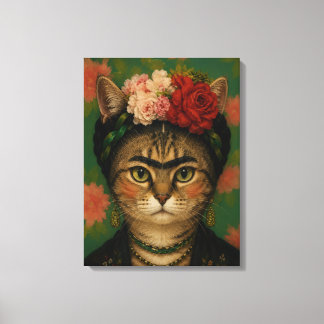 Frida Kahlo Katzenporträt Florale Kunst Druck  Leinwanddruck