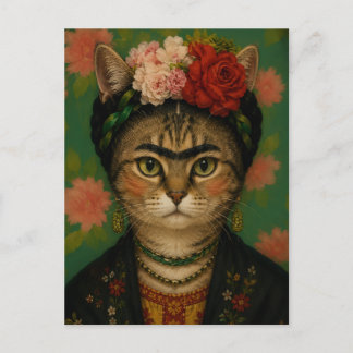 Frida Kahlo Katzenporträt Florale Kunst Druck  Postkarte