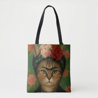 Frida Kahlo Katzenporträt Florale Kunst Druck  Tasche