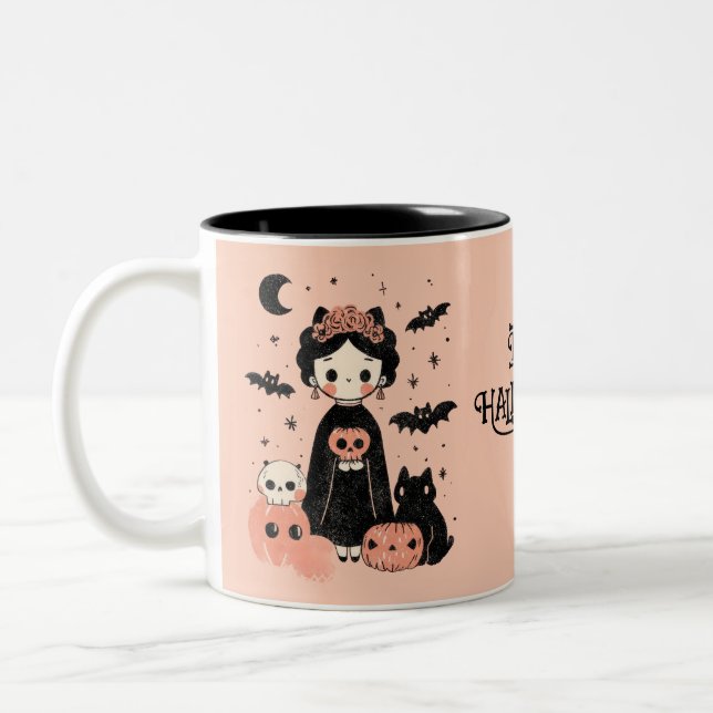 Frida Kahlo Pink Pasteloween Happy Halloween Zweifarbige Tasse (Links)