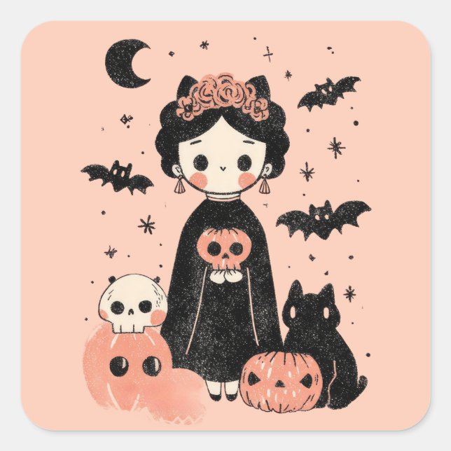 Frida Kahlo Pink Pasteloween Spooky Niedlich Hallo Quadratischer Aufkleber (Vorderseite)