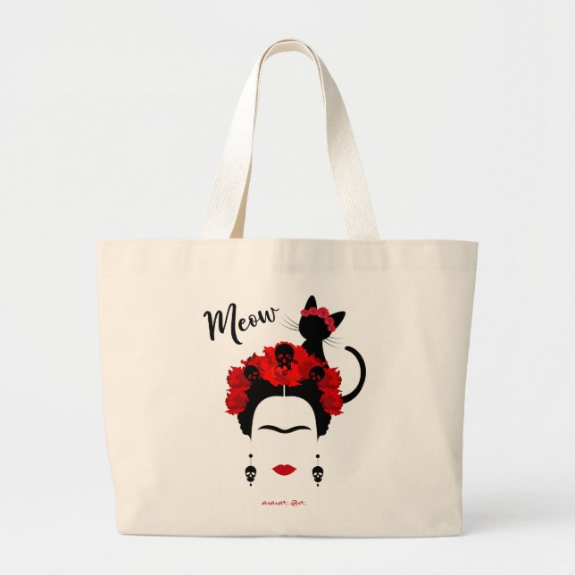 Frida Kahlo Portrait und niedliches Meow Mexican C Jumbo Stoffbeutel (Vorne)