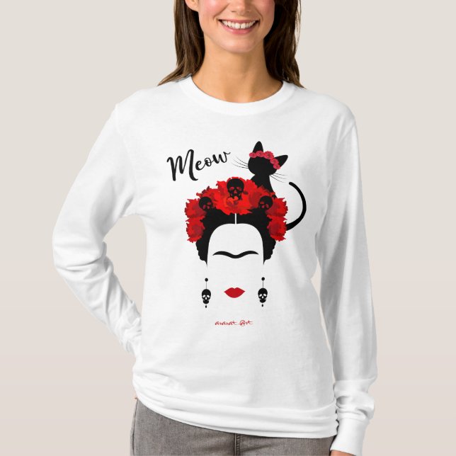 Frida Kahlo Portrait und niedliches Meow Mexican C T-Shirt (Vorderseite)