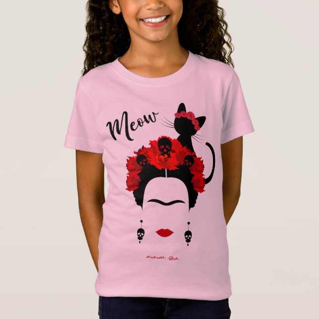 Frida Kahlo Portrait und niedliches Meow Mexican C T-Shirt (Vorderseite)