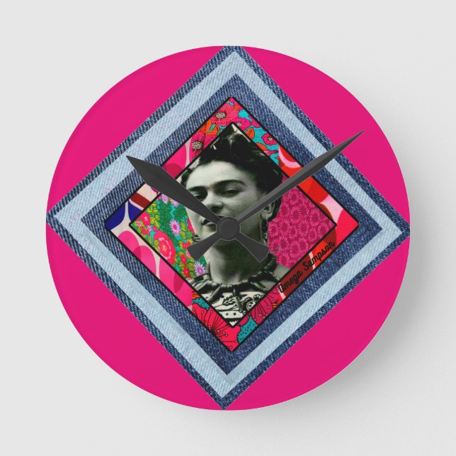 Frida Kahlo Retro Denim Diamond Runde Wanduhr (Vorderseite)