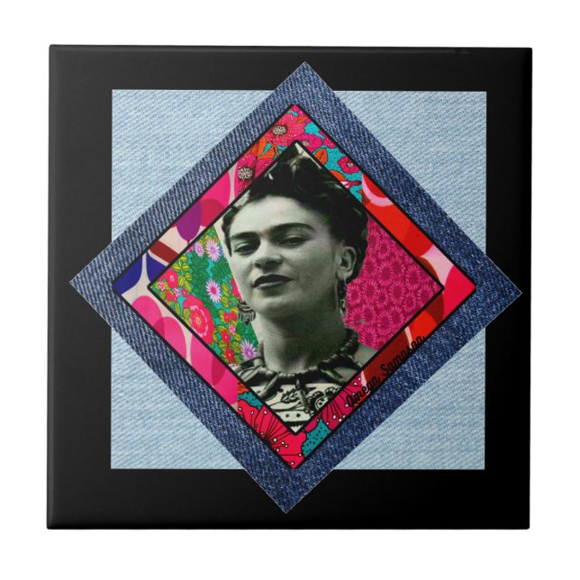 Frida Kahlo Retro Pink Denim Fliese (Vorderseite)