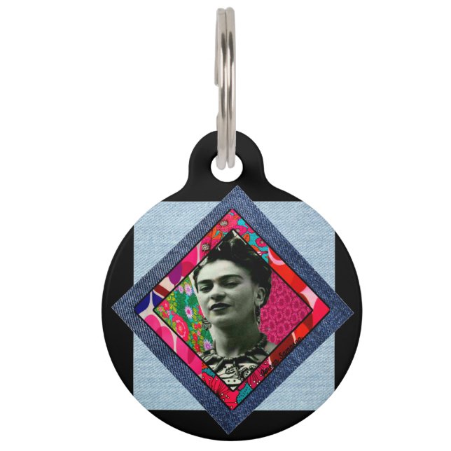 Frida Kahlo Retro Pink Denim Haustiermarke (Vorderseite)