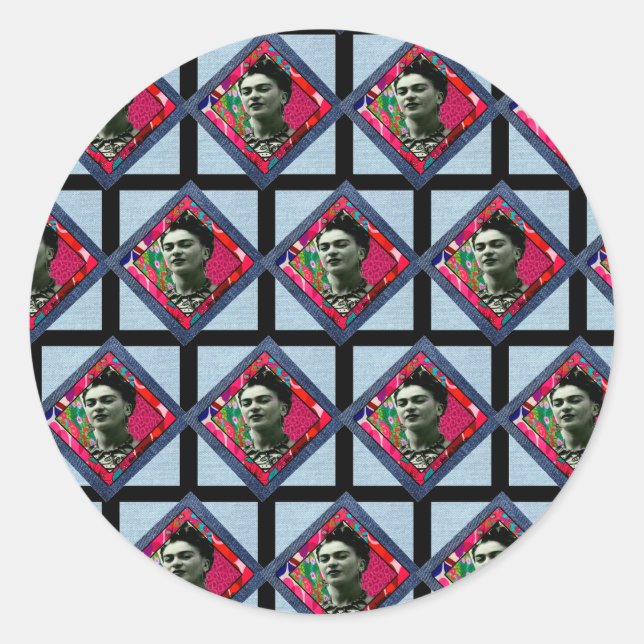 Frida Kahlo Retro Pink Denim Runder Aufkleber (Vorderseite)