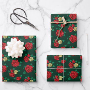 Frida Kahlo   Roter und goldener Rosenmuster Geschenkpapier Set