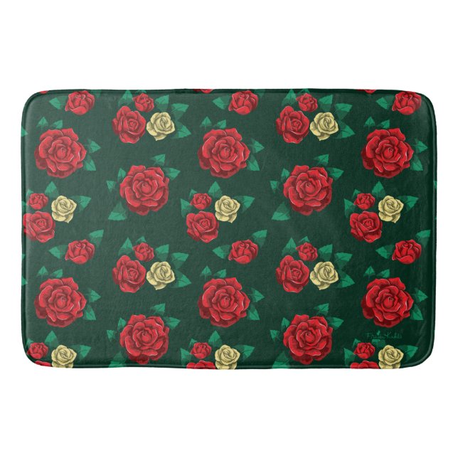 Frida Kahlo | Rotes und GoldRosen-Muster Badematte (Vorderseite)