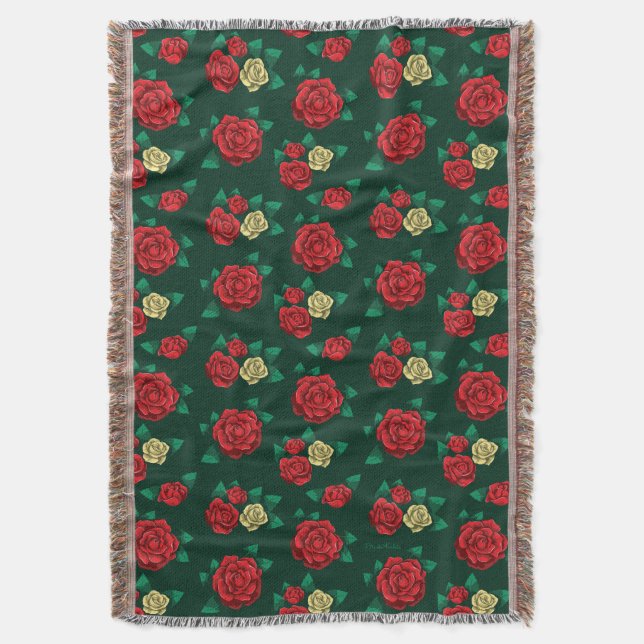Frida Kahlo | Rotes und GoldRosen-Muster Decke (Vorderseite Vertikal)